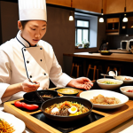 A skilled chef, demonstrating expertise and authenticity associated with a specific Korean cooking certificate, meticulously plates a vibrant, traditional Korean dish, such as Bibimbap or an elaborate Banchan spread. The setting is a modern, cozy "home dining" experience or pop-up restaurant in a Swedish city like Stockholm, with curious Swedish guests in the background. The lighting is warm and inviting, highlighting the premium quality and unique culinary offering.