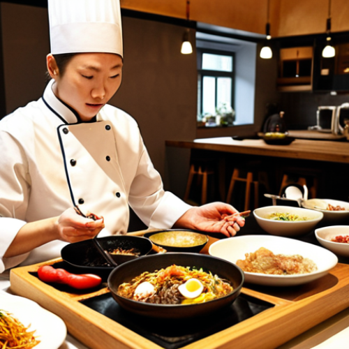 A skilled chef, demonstrating expertise and authenticity associated with a specific Korean cooking certificate, meticulously plates a vibrant, traditional Korean dish, such as Bibimbap or an elaborate Banchan spread. The setting is a modern, cozy "home dining" experience or pop-up restaurant in a Swedish city like Stockholm, with curious Swedish guests in the background. The lighting is warm and inviting, highlighting the premium quality and unique culinary offering.