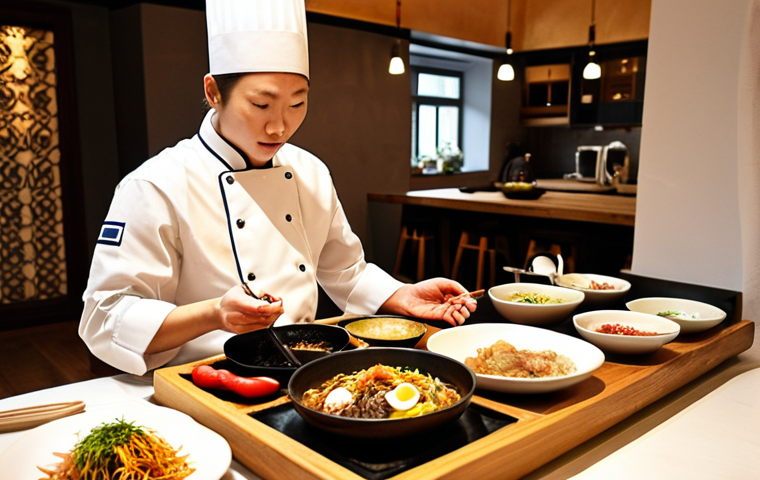 A skilled chef, demonstrating expertise and authenticity associated with a specific Korean cooking certificate, meticulously plates a vibrant, traditional Korean dish, such as Bibimbap or an elaborate Banchan spread. The setting is a modern, cozy "home dining" experience or pop-up restaurant in a Swedish city like Stockholm, with curious Swedish guests in the background. The lighting is warm and inviting, highlighting the premium quality and unique culinary offering.