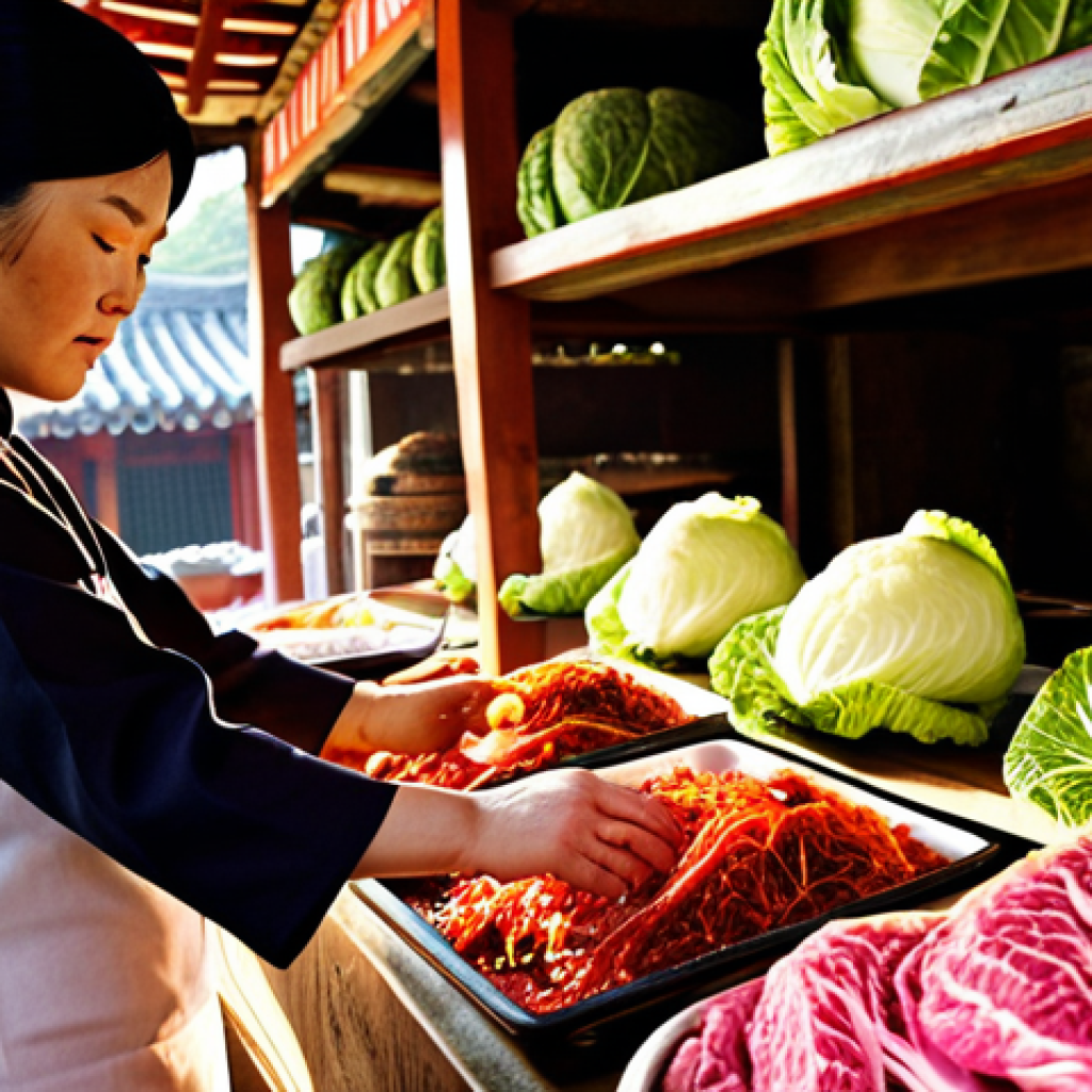 A close-up of a Hansik Jo-ri Gi-neung-sa (certified Korean chef) meticulously selecting pristine, vibrant kimchi cabbage and premium beef at a traditional Korean market stall. Sunlight illuminates the fresh ingredients, emphasizing quality and reverence for raw materials. In the background, large traditional earthenware fermentation jars (onggi) are visible.