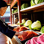 A close-up of a Hansik Jo-ri Gi-neung-sa (certified Korean chef) meticulously selecting pristine, vibrant kimchi cabbage and premium beef at a traditional Korean market stall. Sunlight illuminates the fresh ingredients, emphasizing quality and reverence for raw materials. In the background, large traditional earthenware fermentation jars (onggi) are visible.