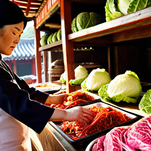 A close-up of a Hansik Jo-ri Gi-neung-sa (certified Korean chef) meticulously selecting pristine, vibrant kimchi cabbage and premium beef at a traditional Korean market stall. Sunlight illuminates the fresh ingredients, emphasizing quality and reverence for raw materials. In the background, large traditional earthenware fermentation jars (onggi) are visible.