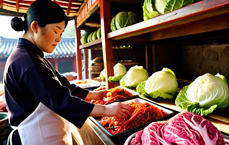 A close-up of a Hansik Jo-ri Gi-neung-sa (certified Korean chef) meticulously selecting pristine, vibrant kimchi cabbage and premium beef at a traditional Korean market stall. Sunlight illuminates the fresh ingredients, emphasizing quality and reverence for raw materials. In the background, large traditional earthenware fermentation jars (onggi) are visible.
