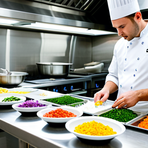A highly focused professional chef, male, in a clean white chef's uniform and toque, meticulously arranging an array of colorful, fresh ingredients in small bowls on a stainless steel counter. His hands are precisely dicing vegetables, demonstrating perfect mise en place in a brightly lit, modern commercial kitchen. The scene emphasizes organization and preparation, fully clothed, appropriate attire, safe for work, professional, perfect anatomy, correct proportions, natural pose, well-formed hands, proper finger count, natural body proportions, high-quality photography, appropriate content.