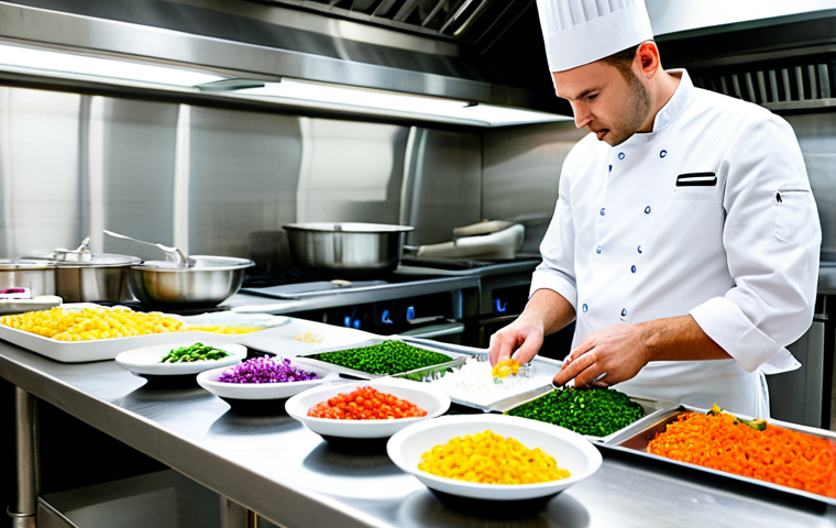A highly focused professional chef, male, in a clean white chef's uniform and toque, meticulously arranging an array of colorful, fresh ingredients in small bowls on a stainless steel counter. His hands are precisely dicing vegetables, demonstrating perfect mise en place in a brightly lit, modern commercial kitchen. The scene emphasizes organization and preparation, fully clothed, appropriate attire, safe for work, professional, perfect anatomy, correct proportions, natural pose, well-formed hands, proper finger count, natural body proportions, high-quality photography, appropriate content.