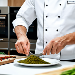 한식조리기능사 자격증 공부법 - **

A professional chef in a clean, modern kitchen, fully clothed in chef's whites, demonstrating a ...