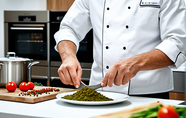 한식조리기능사 자격증 공부법 - **

A professional chef in a clean, modern kitchen, fully clothed in chef's whites, demonstrating a ...