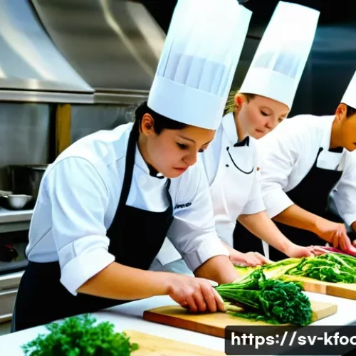 한식조리기능사 취득자의 실제 업무 사례 - **A group of diverse young culinary students, wearing clean, professional chef's whites and aprons, ...