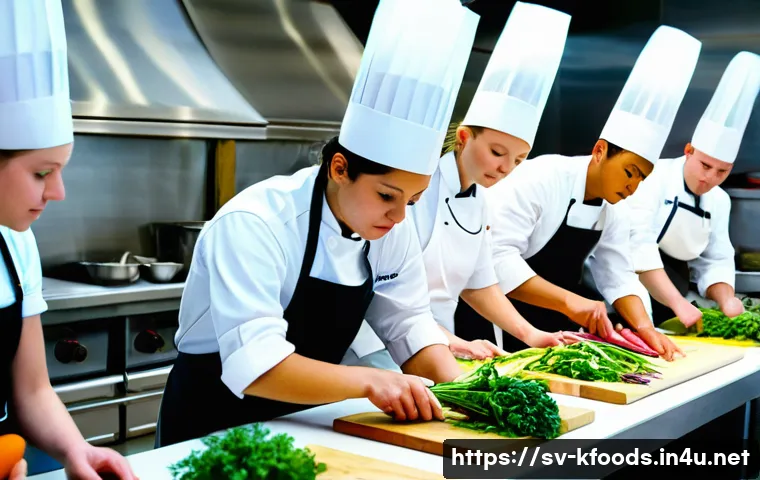 한식조리기능사 취득자의 실제 업무 사례 - **A group of diverse young culinary students, wearing clean, professional chef's whites and aprons, ...