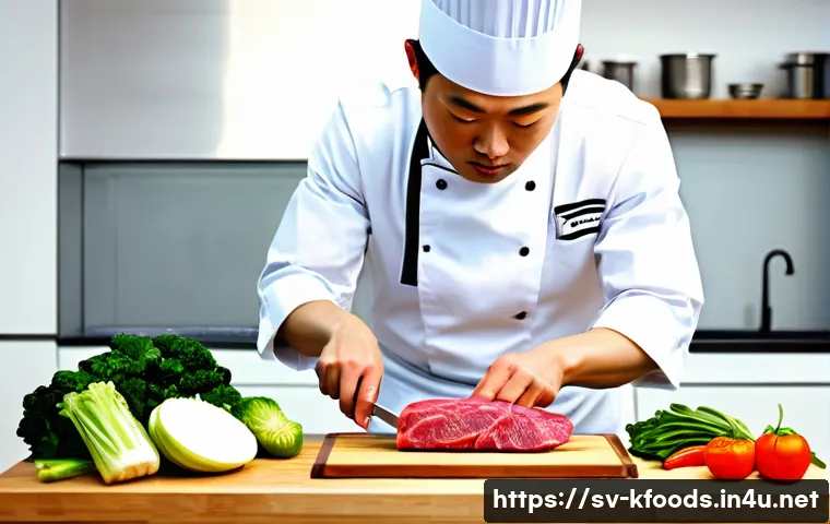 한식조리기능사 시험 난이도 - A professional kitchen scene showing a skilled chef preparing traditional Korean dishes with precisi...