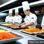 Home 19 한식조리기능사와 호텔 셰프의 연관성 - A professional hotel kitchen scene featuring a diverse team of chefs collaborating to prepare a fusi...