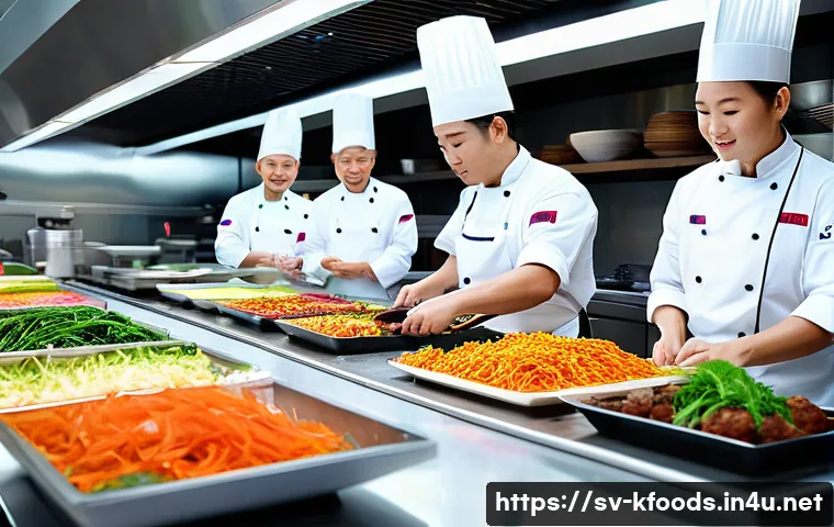 한식조리기능사와 호텔 셰프의 연관성 - A professional hotel kitchen scene featuring a diverse team of chefs collaborating to prepare a fusi...