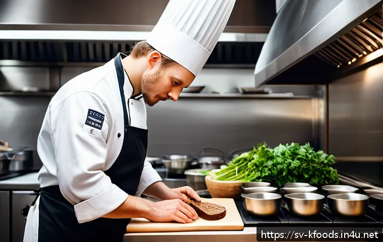 한식조리기능사 자격증 취득 후 직업 만족도 - A professional certified chef in a bustling Swedish restaurant kitchen, wearing clean, well-fitted c...