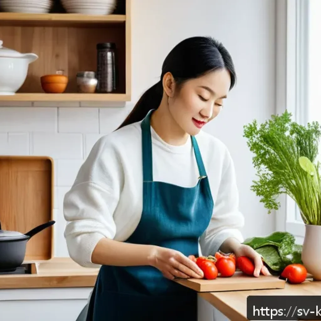 한식조리기능사 필기 시험 교재 추천 - A cozy modern Swedish kitchen scene featuring a person in casual clothing wearing an apron, carefull...