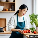 Home 23 한식조리기능사 필기 시험 교재 추천 - A cozy modern Swedish kitchen scene featuring a person in casual clothing wearing an apron, carefull...