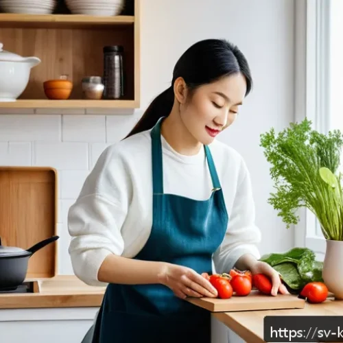 Home 17 한식조리기능사 필기 시험 교재 추천 - A cozy modern Swedish kitchen scene featuring a person in casual clothing wearing an apron, carefull...