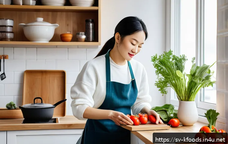 한식조리기능사 필기 시험 교재 추천 - A cozy modern Swedish kitchen scene featuring a person in casual clothing wearing an apron, carefull...