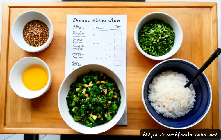 한식조리기능사 실기 시험 레시피 모음 - Photorealistic overhead view of a Swedish home kitchen practice station for a culinary skills exam, ...